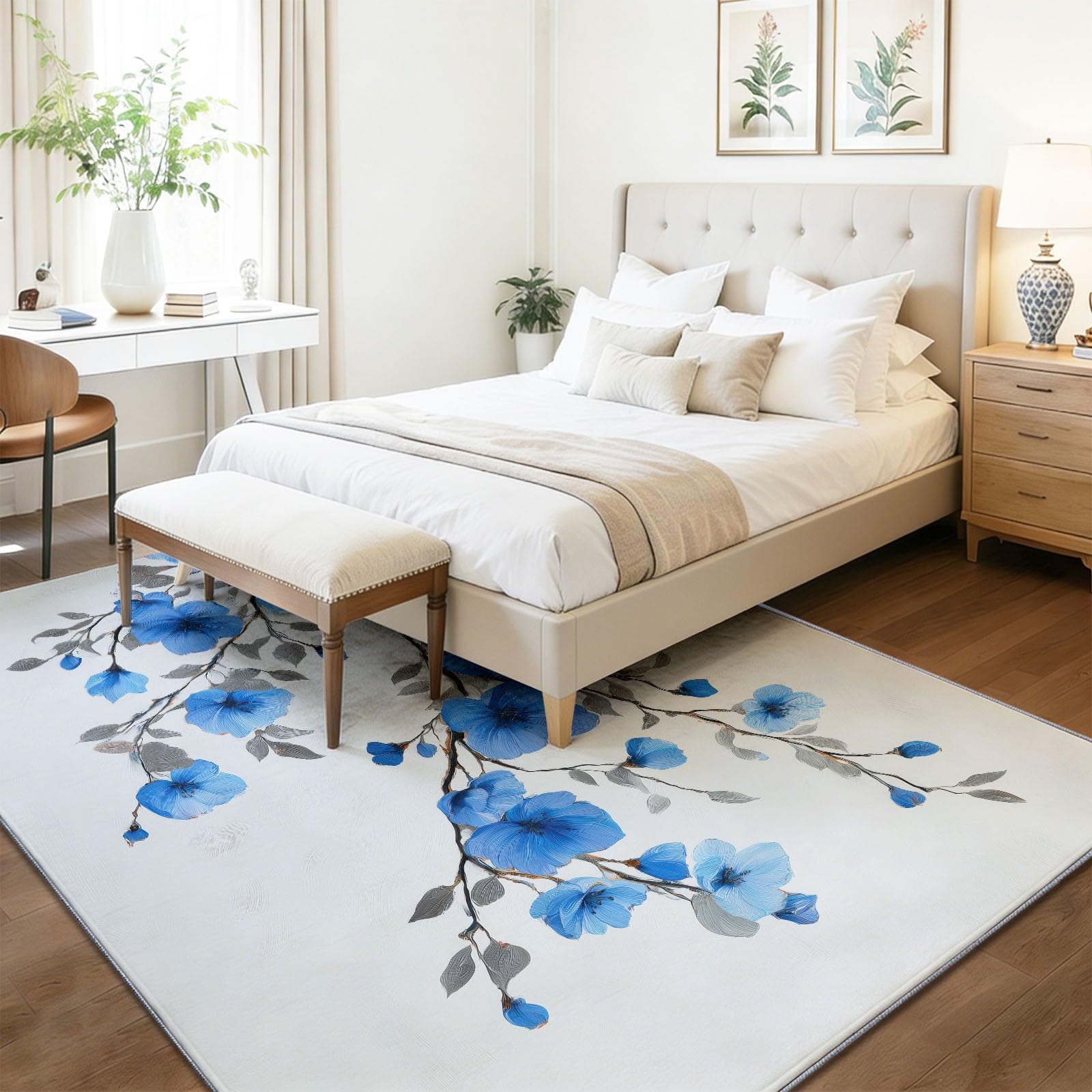 Tradycyjny dywan do salonu, 80 x 150 cm, można prać w pralce, antypoślizgowy, niebieskie gałęzie kwiatów, dywany do sypialni, jadalni, biura, odporny na plamy dywan z nadrukiem, do wewnątrz, domu