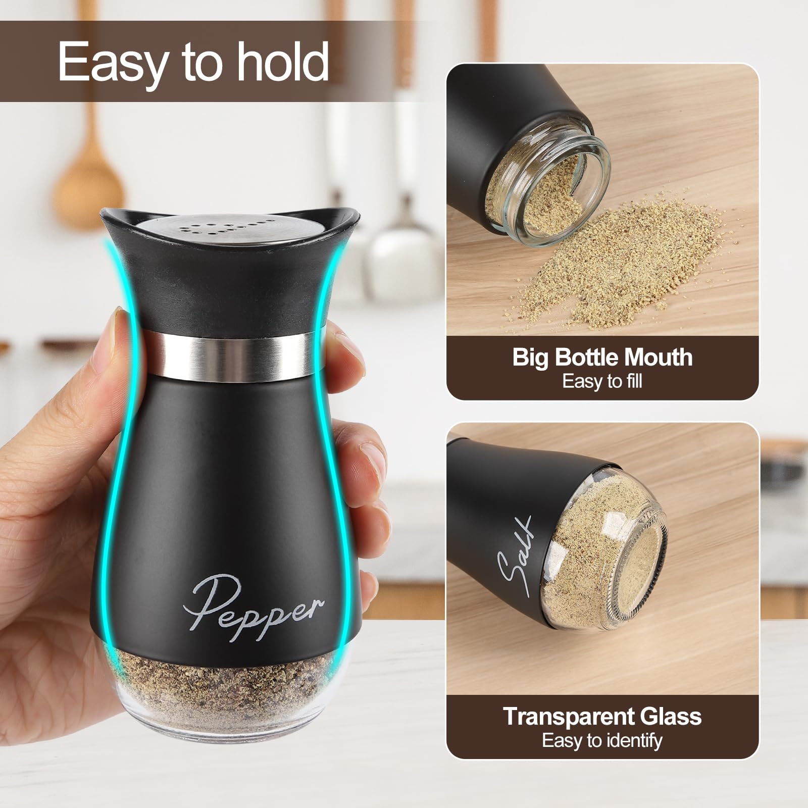 HZPZPP ,Salt and Pepper Sets,Salt and Pepper Shakers Sets with Holder,Set of 2 Stainless Steel and Glass Bottle Stainless Steel,Salt Shaker Dispenser for Cooking BBQ (Black) - Image 4