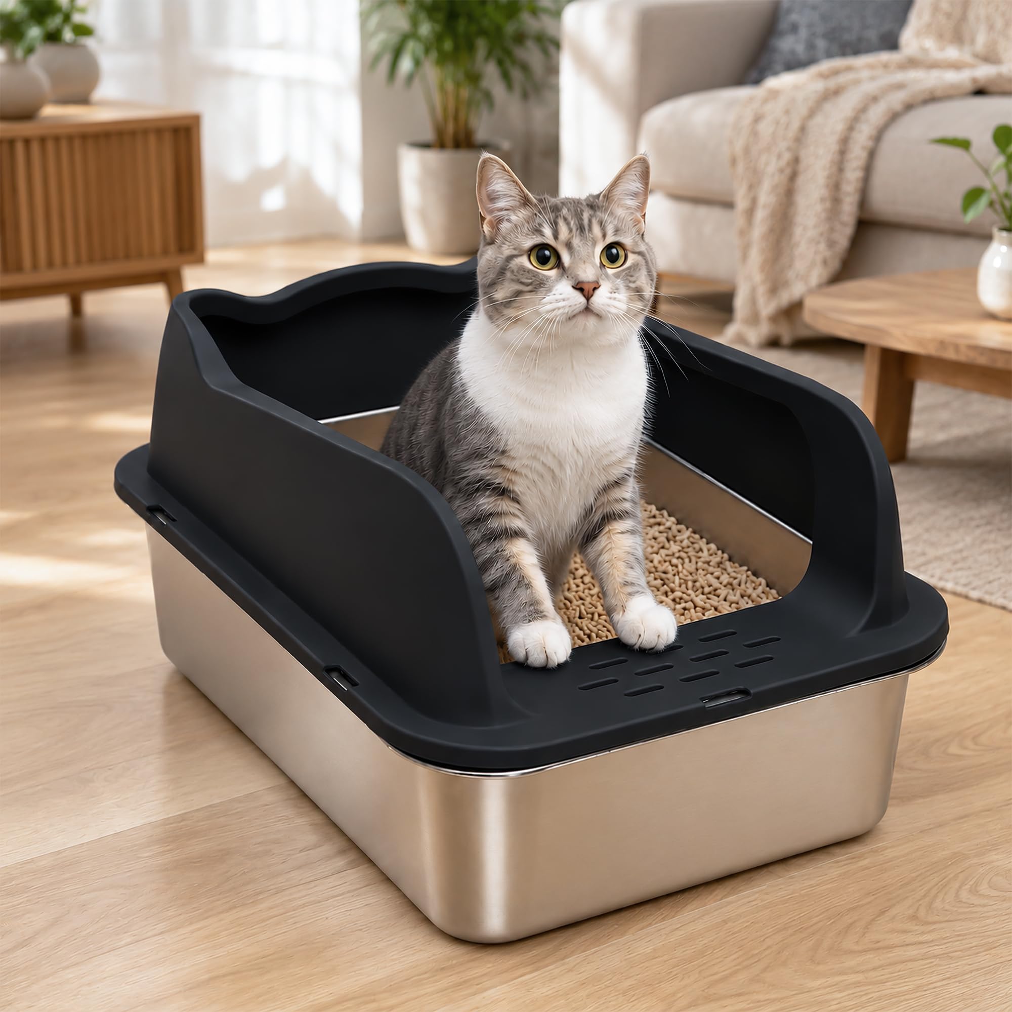 Arenero Gato Acero Inoxidable, XXL Caja Bandeja de Arena para Gatos, Metal Extraíble Litter Box, Caja de Arena de Lados Altos (50 * 35 * 15cm)