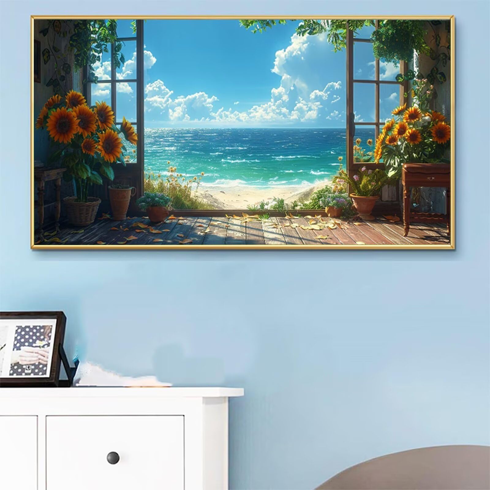 Malowanie numerami dla dorosłych numer morza słonecznik DIY kolorowanie według numerów dla dorosłych 100x200cm z pędzlami i akrylami, nieoprawiony, zestaw aktywności do letniej dekoracji domu salonu