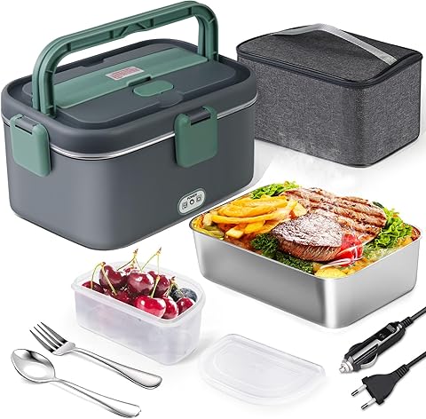 AUTOPkio Fiambrera Eléctrica 1.8L 80W, 12V/24V/220V Gran Comida Térmico con Bolsa y Acero Inoxidable Tenedor Cuchara para Coche Camión Oficina