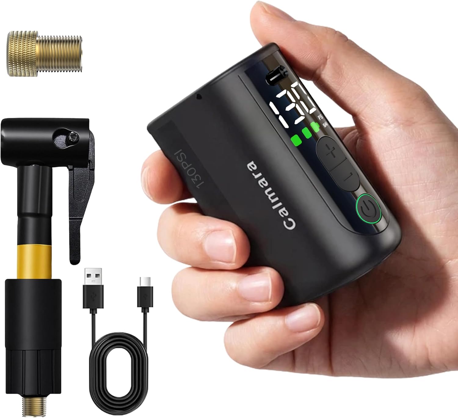 MY20 Electric Bike Pump with Gauge, 130 PSI Fast Inflate, Mini Bicycle Pump with Presta & Schrader Valve, Auto Stop, Portable Rechargeable Air Pump for Road Bike, Mountain Bike, E-Bike