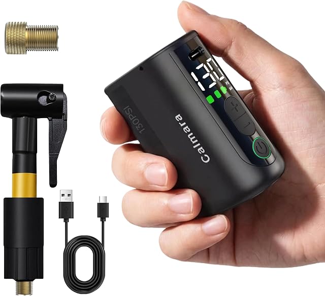 MY20 Electric Bike Pump with Gauge, 130 PSI Fast Inflate, Mini Bicycle Pump with Presta & Schrader Valve, Auto Stop, Portable Rechargeable Air Pump for Road Bike, Mountain Bike, E-Bike