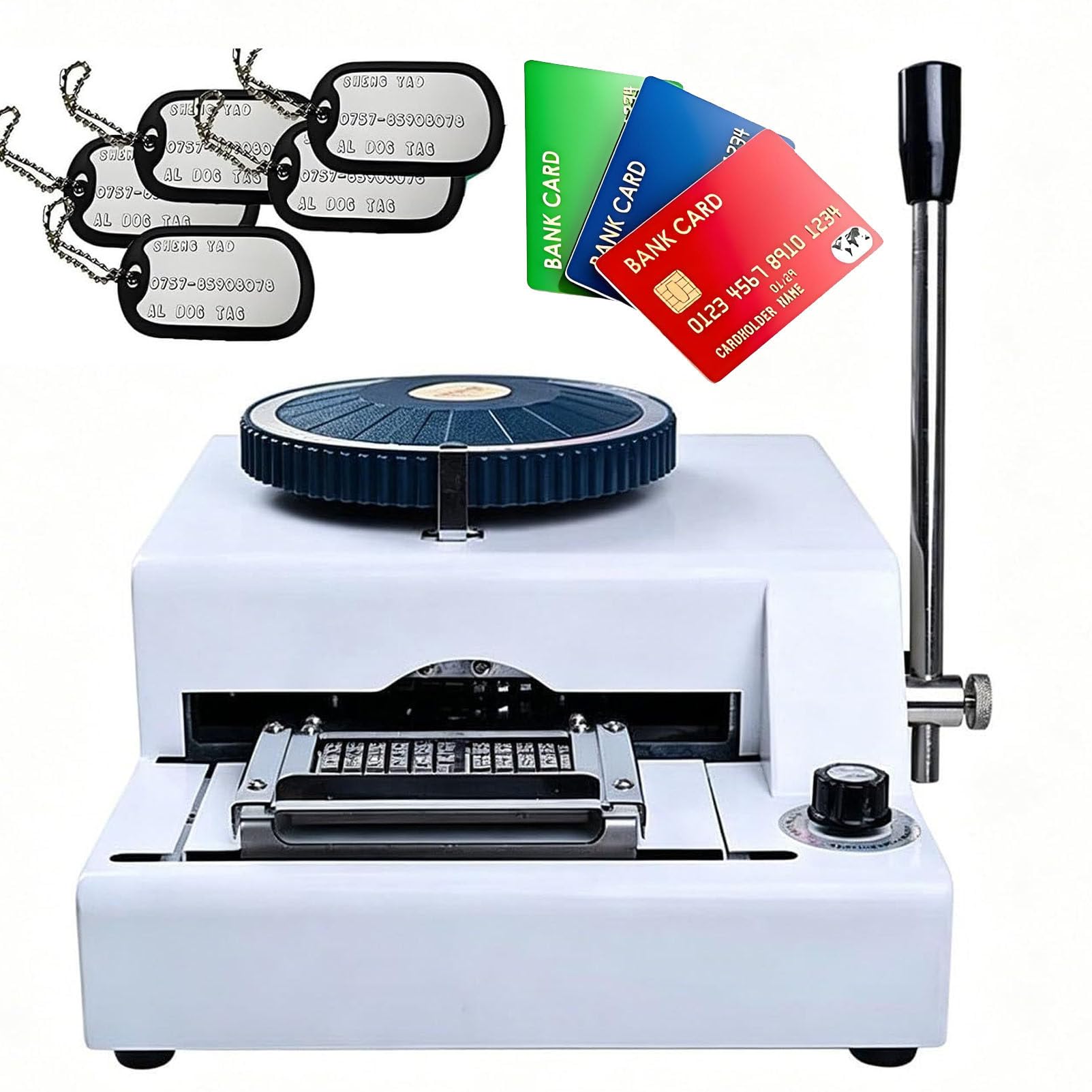 Machine à embosser les plaques d'identification métalliques (72 caractères) – Presse manuelle avec espacement de 1/7" et 1/10" pour un embossage précis ; inclut 30 plaques vierges en aluminium.
