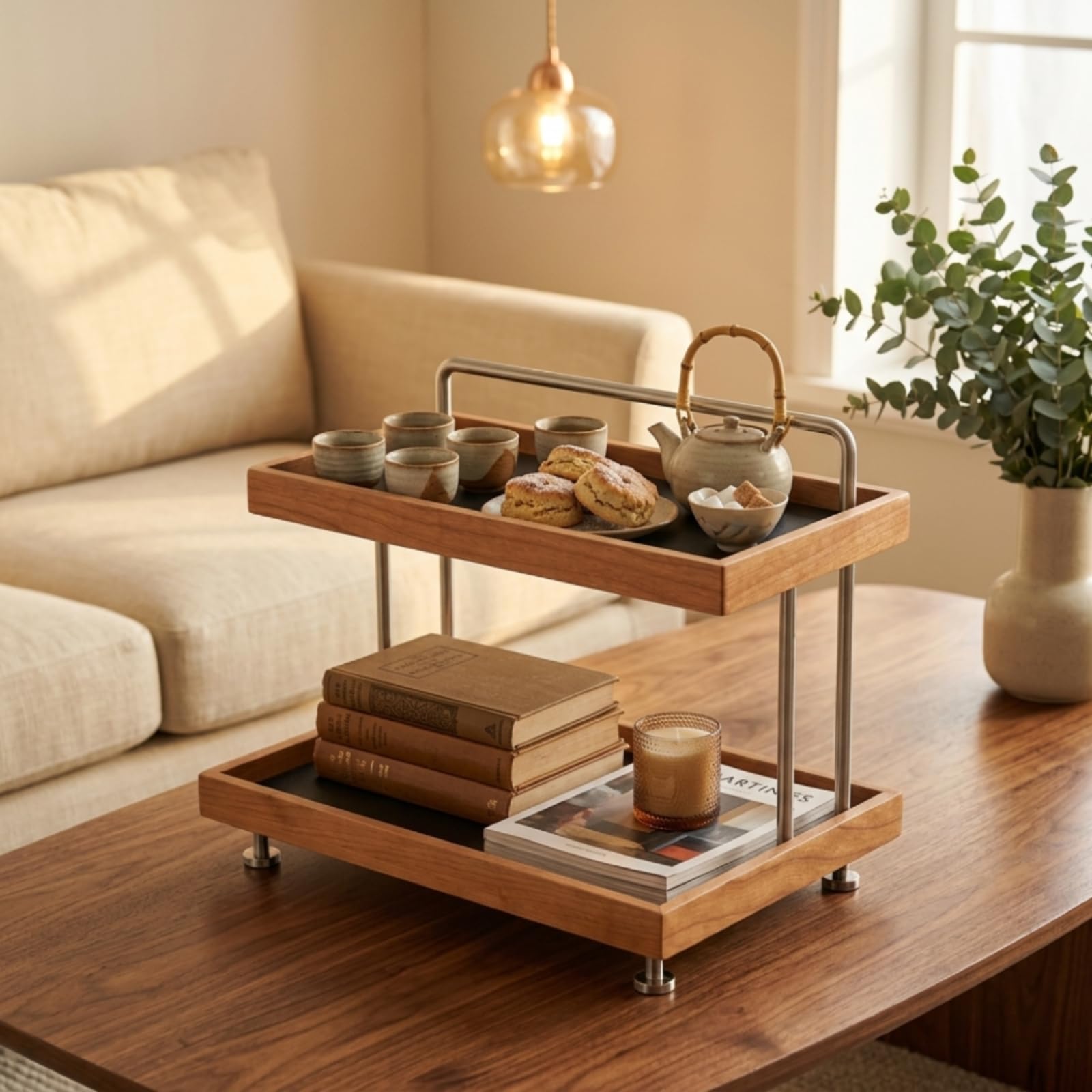 LOVIVER Estante de Maquillaje Organizador Tocador Repisa Bandeja Soporte de Almacenamiento de Dos Niveles con Madera de Cerezo y Soportes de Acero Cepillado