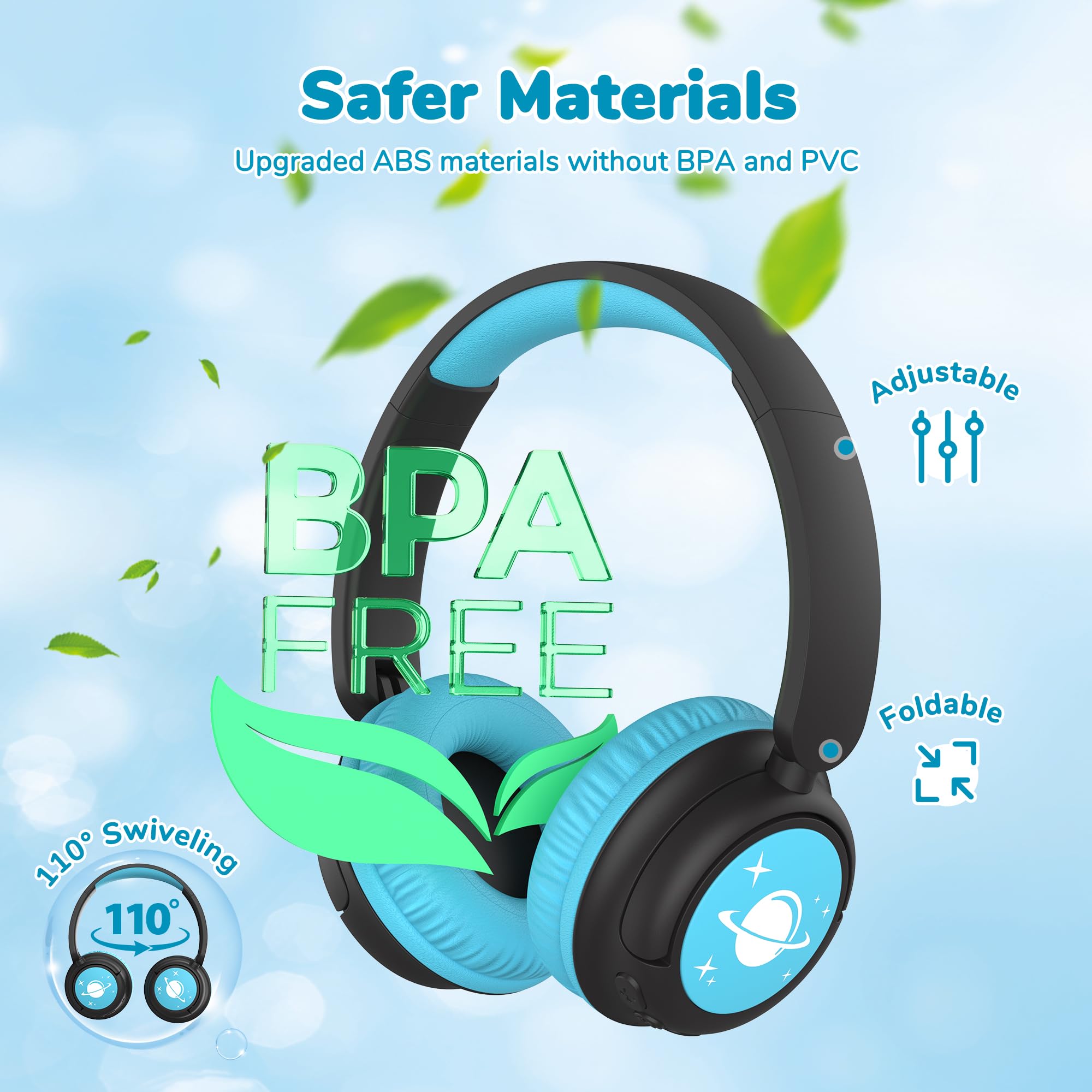 iClever Auriculares Bluetooth para niños, batería de 60 horas, 74/85 dBA, limitación de volumen, sonido estéreo, tipo C, Bluetooth 5.4, auriculares inalámbricos para niños con micrófono para