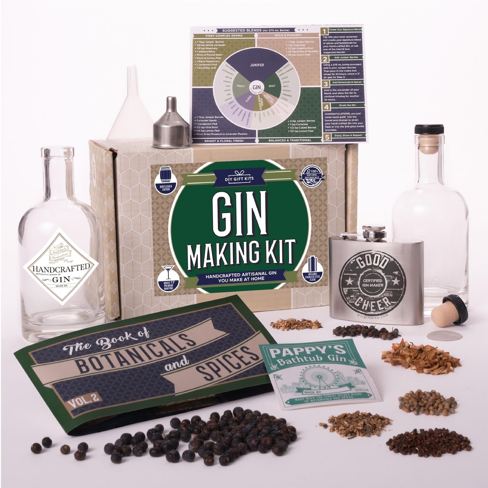 DIY Gift Kits Alcohol Infusion Kit - DIY Botanical Gin Infusion Kit with 6 Botanicals & Stainless Steel Flask & Funnel - Make Your Own Gin Cocktail Gift Set - 20 Piece Set
