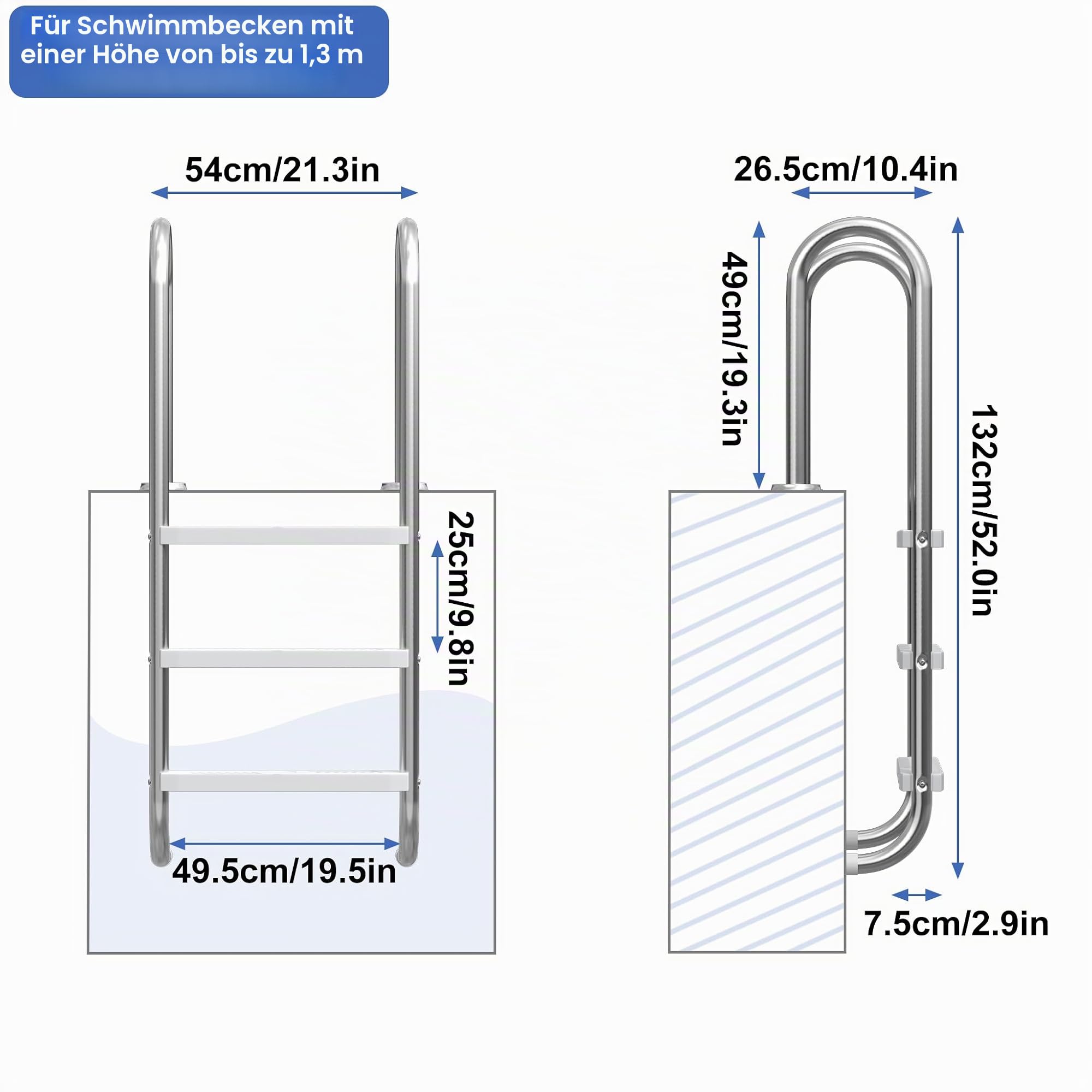 Froadp Edelstahl Poolleiter mit 3 Rutschfesten Stufen,Pooltreppe 132 x 54 x 26.5 cm,Schwimmbadleiter bis 150 kg Belastbar, Einstiegsleiter für Pool und Schwimmbecken,Silber
