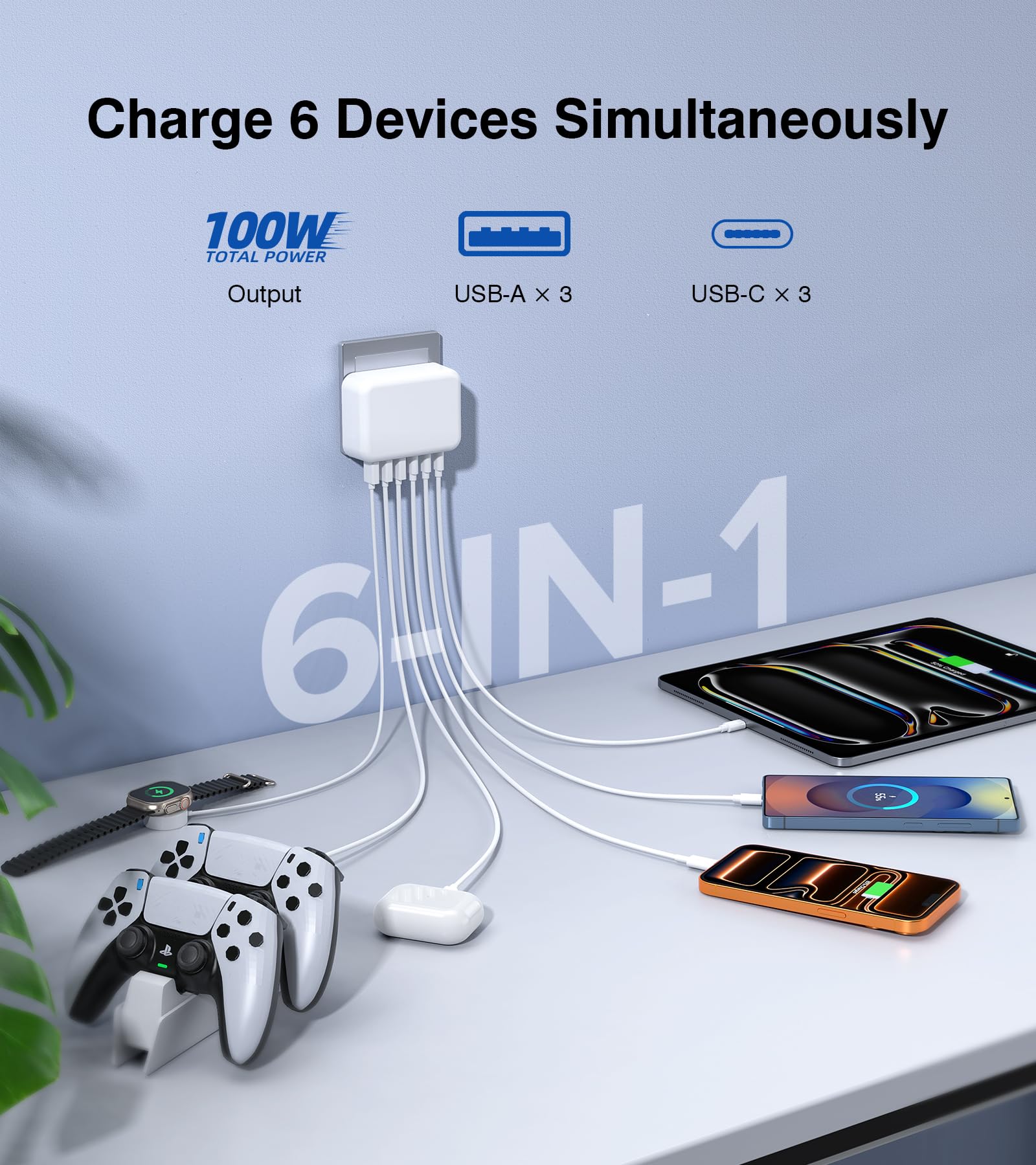 Schnellladestation mit 6 Anschlüssen | Mehrfach-USB-C-Wand-Ladestecker, kompakter Ladeblock für iPhone 17/16/15/14/13/12/11/Pro Max/XS/XR, iPad, Samsung, LG, HTC