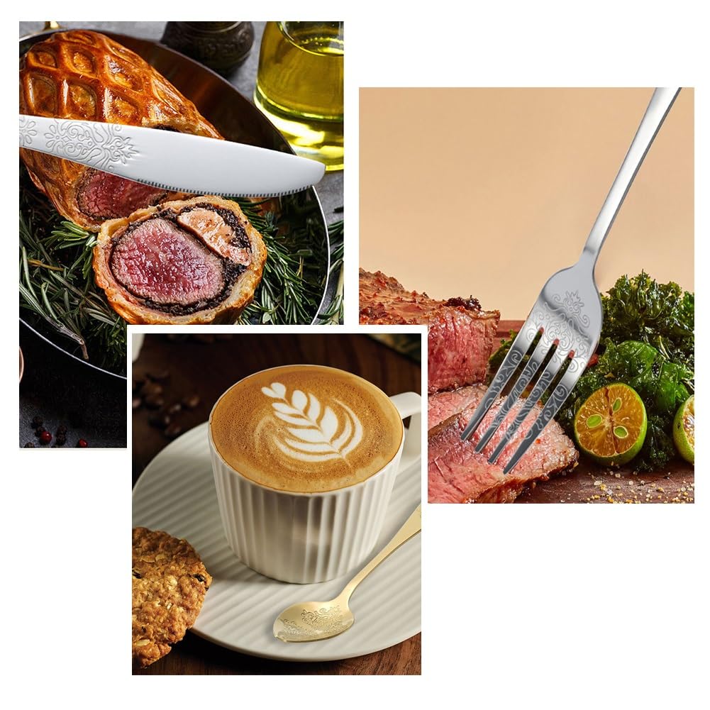 Cuberterías Juego De Cubiertos De Acero Inoxidable Dorado, Juego De Cubiertos Con Cuchillo/Tenedor/Cuchara Con Patrones, Juego De Cubiertos Para Carne De Estilo Occidental, Para Cocinas Y Restaurantes