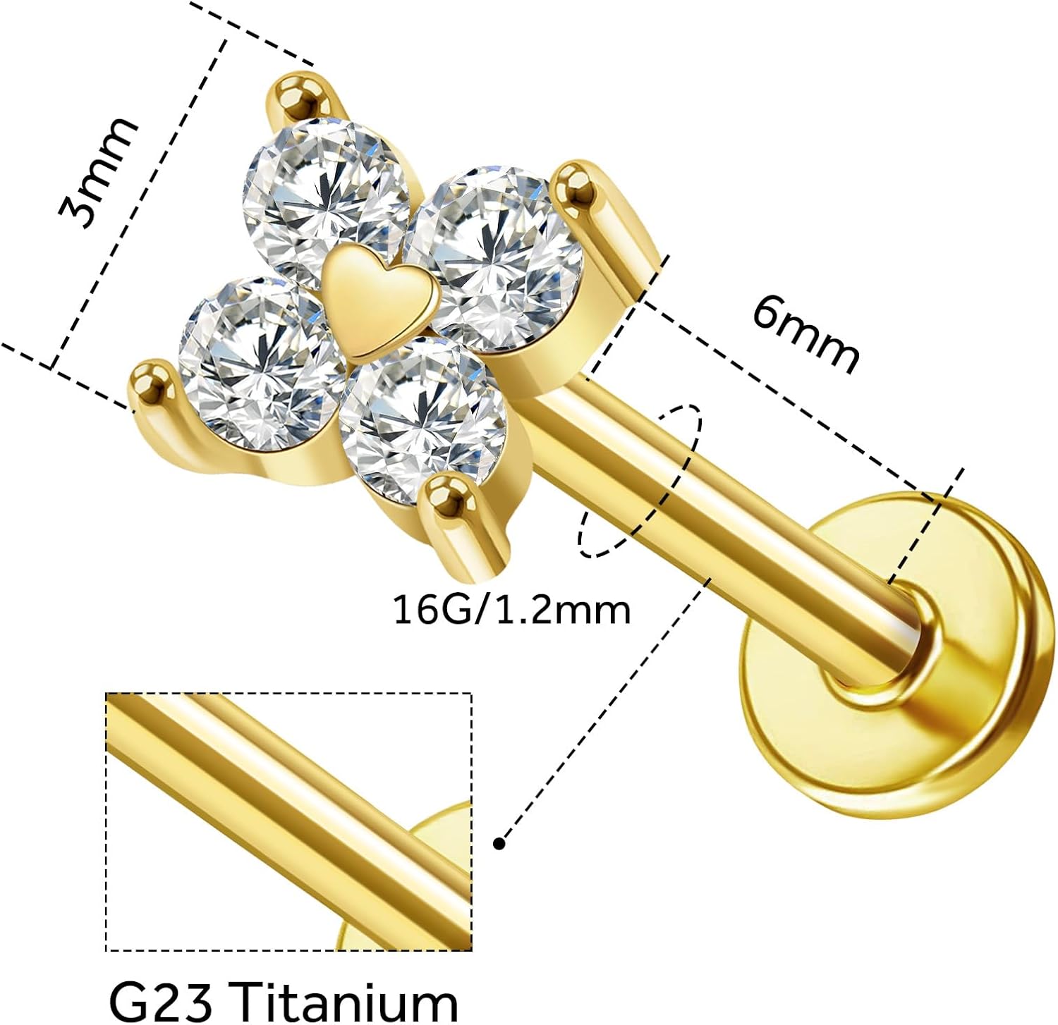 14K Yellow/White/Rose Gold Cartilage Earring Top Push in 1 Pcs Threadless Flower Flat Back Stud Nose Stud Lip Ring 16G Helix Tragus Piercing Jewelry for Women 6mm 8mm - Image 3