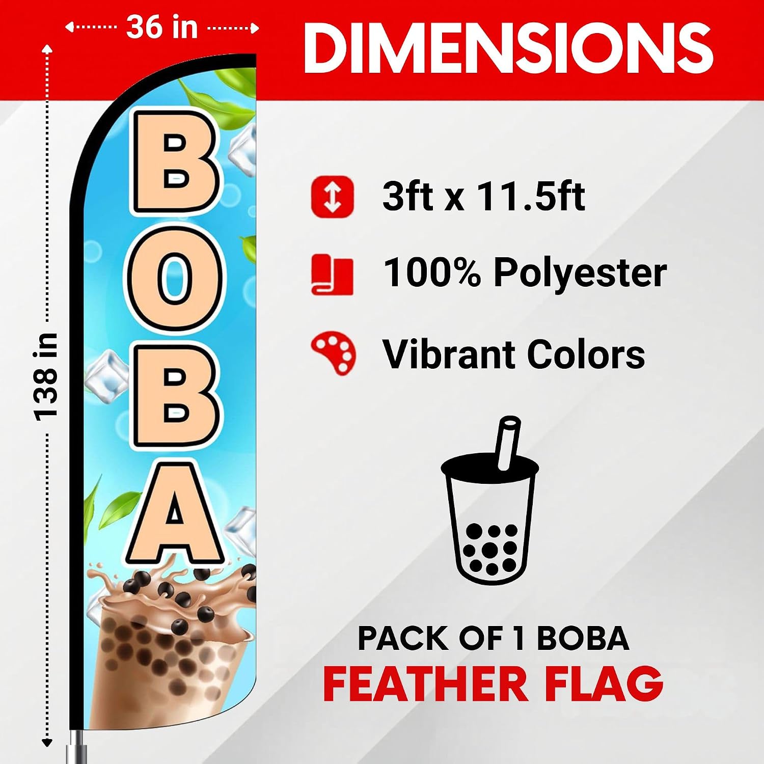 Boba Flag – Pack of 1 | 3 ft x 11.5 ft Outdoor Advertising Feather Flag for Boba Tea Business | Weatherproof Polyester with Complete Hybrid Pole Set