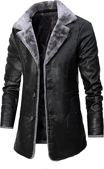 Men's Faux Leather Jacket Thick Faux Fur Shearling Lapel Collar Botton Down Long Trench Coats Black Brown