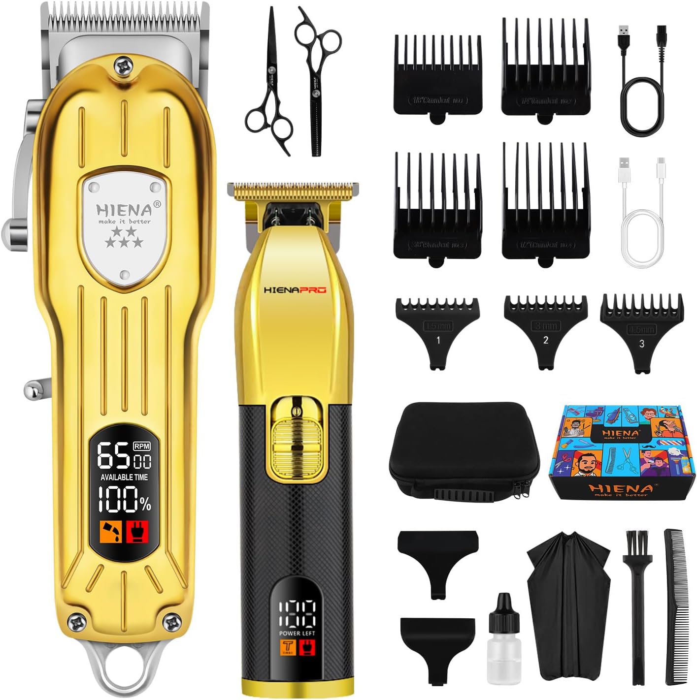 Professionele tondeuse set voor mannen, kappersset voor het knippen van haar, draadloze oplaadbare tondeuse en trimmerset, haarknipset met LED-display, USB, geschenken voor mannen, goudzwart