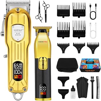 HIENA PRO Hair Clippers Set for Men, Professional Barber Kit for Hair Cutting, Cordless Rechargeable Clippers and Trimmers Set, Hair Cutting Kit with LED Display, USB, Gifts for Men Gold Black