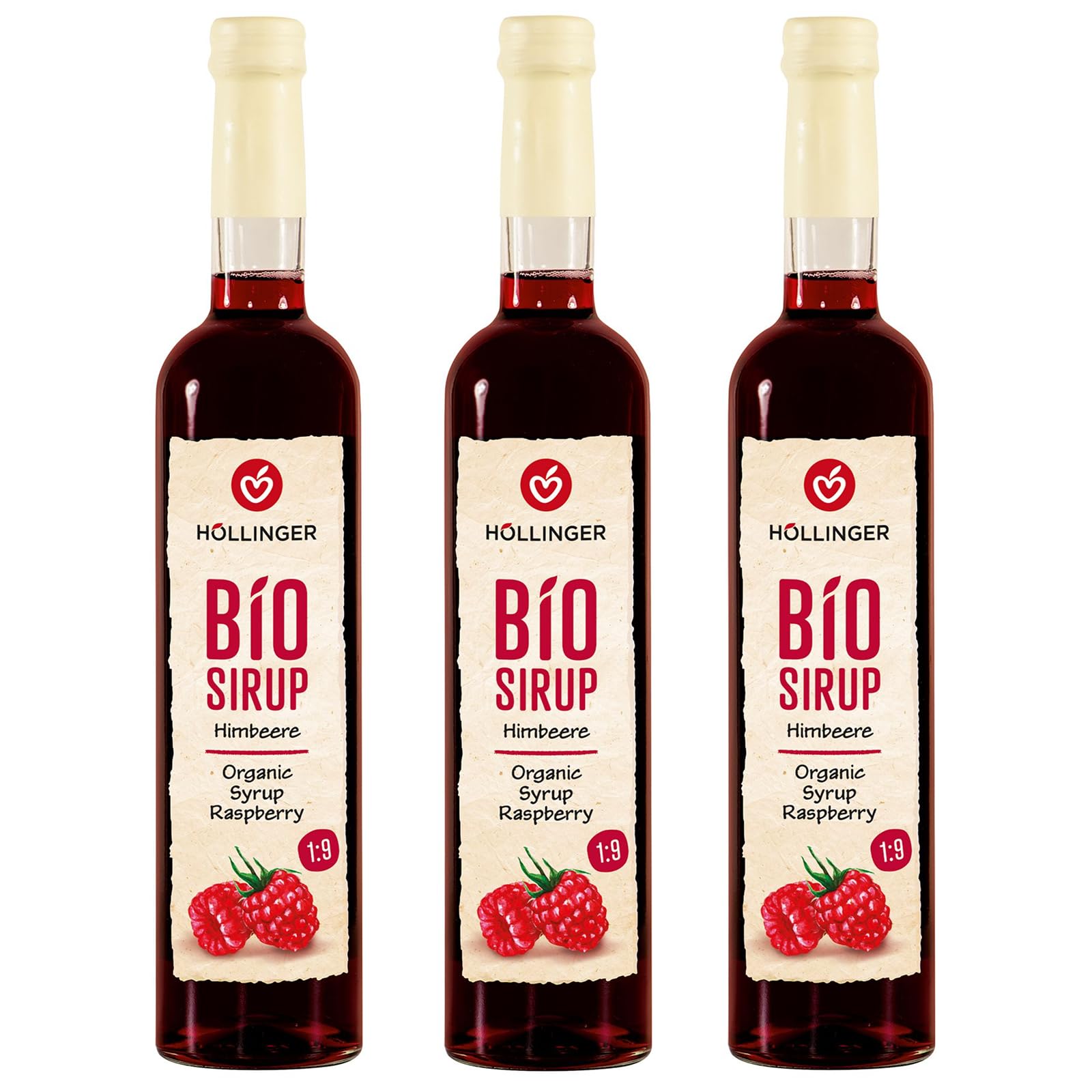 Sciroppo di lamponi bio Höllinger - Organic Raspberry Syrup, Vegan, 3x500ml Glass Bottle, Rich Berry Flavor