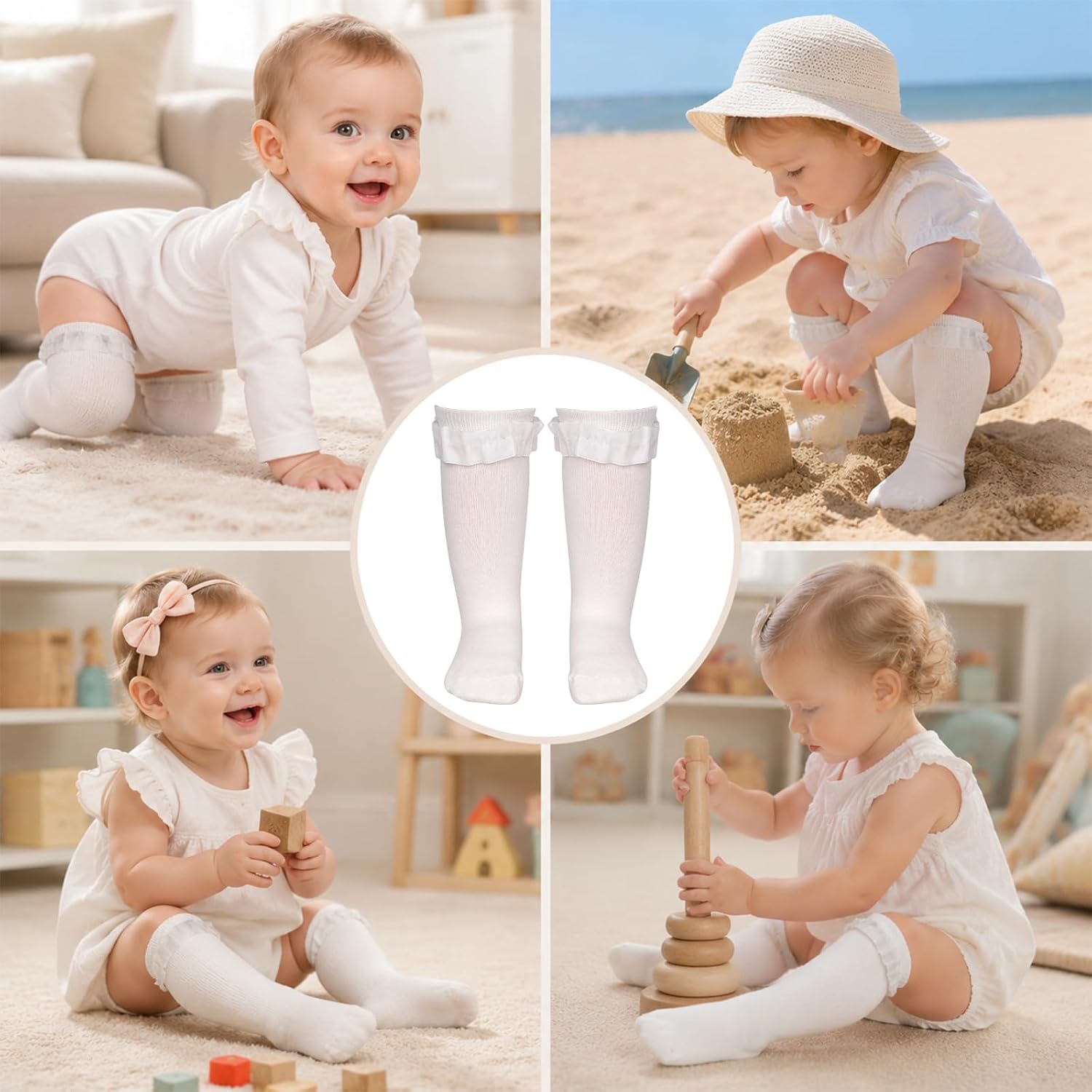 Sucrain Baby Girl Cotton Knee High White Socks Long Stockings