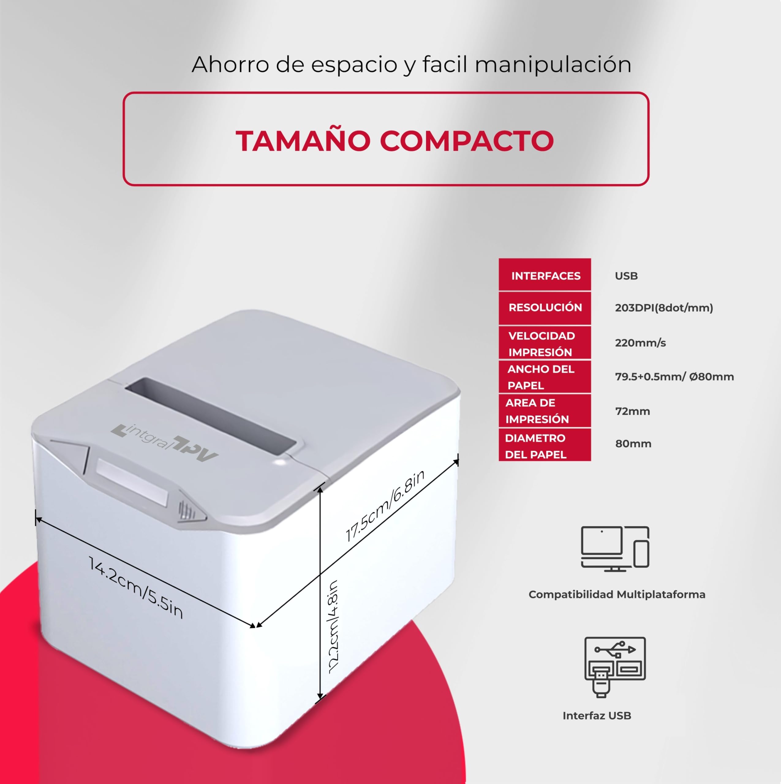 8370 Impresora Térmica de Recibos/Tickets 80mm – Puerto/Conexión: USB, RJ11 – Corte Automático – Windows, Linux, Mac – Rollo Extra y pendrive con Drivers – TPV POS (Blanco/Gris)