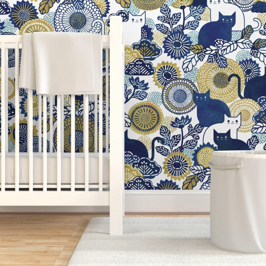 Peel & Stick Wallpaper 3ft x 2ft - Cat Vintage Floral Kawaii Whimsical Custom Removable Wallpaper by Spoonflower