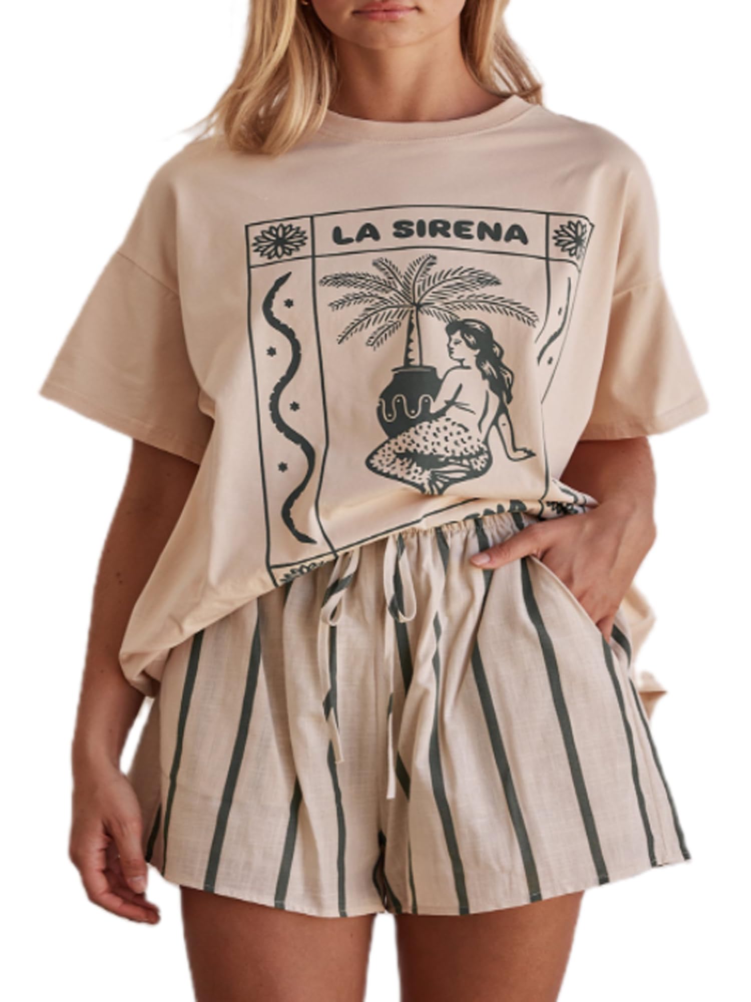 Women's T-Shirts Summer Oversize Round Neck Y2k T Shirts Ladies Short Sleeve Graphic Print Loose Baggy Tops (A-Khaki, L)