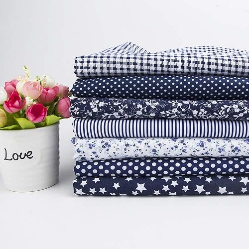 7Pcs 20" x 20" Cotton Fabric DIY Making Supplies Quilting Patchwork Fabric Fat Quarter Bundles DIY for Quilting Cotton Patchwork Cushions (Navy Blue, 20" x 20")