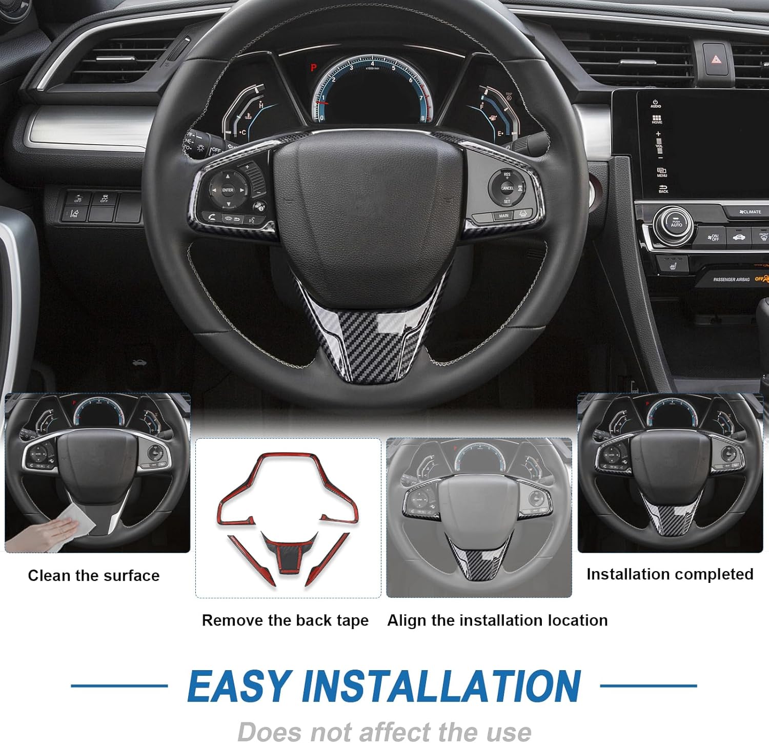 Carbon Fiber Steering Wheel Cover Compatible with Honda Civic 10th Gen 2016-2021