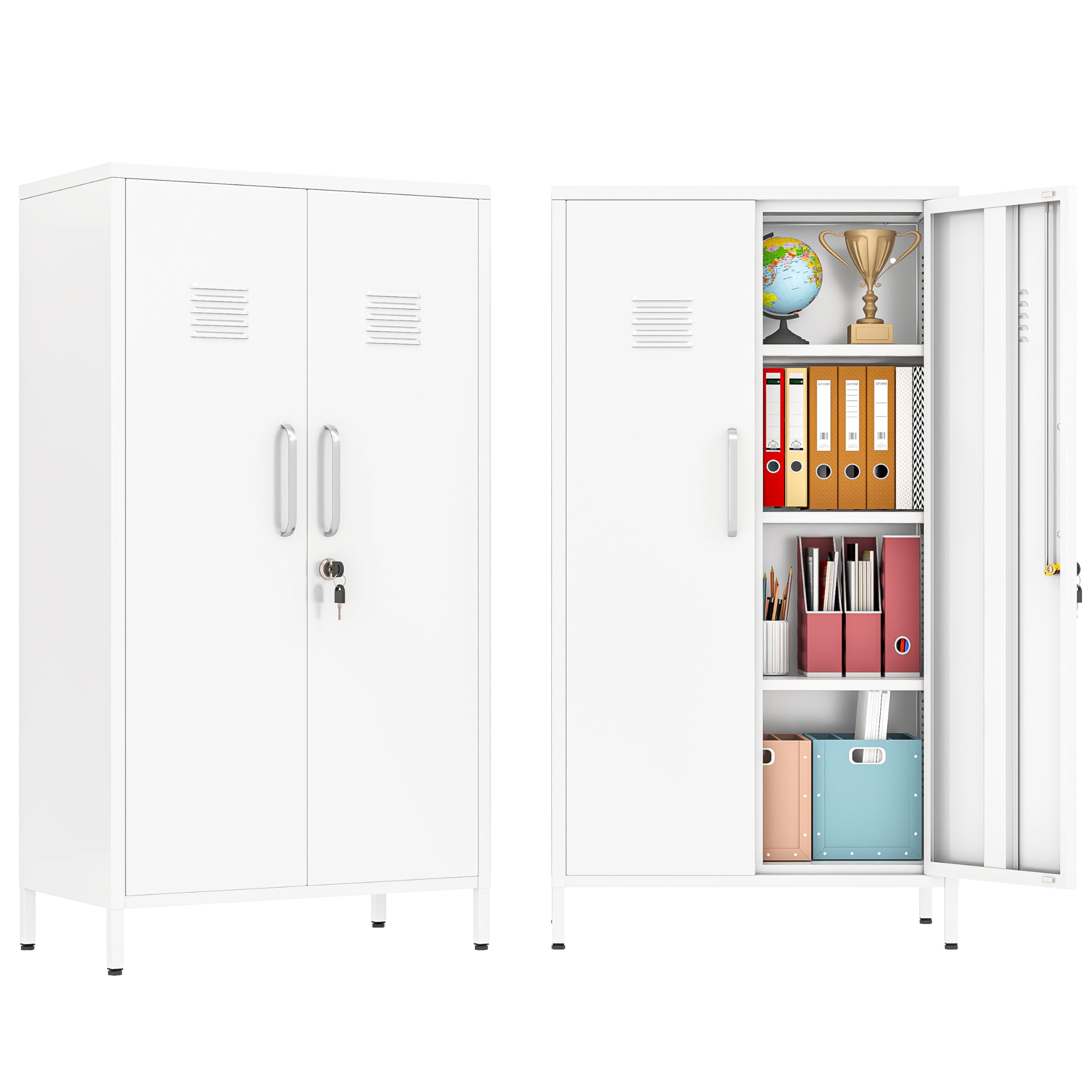 PAOFIN 47" Metal Storage Locker, Lockable Employees Metal Locker with 2 Door and Adjustable Shelves, Steel Locker for Home, School, Office, Gym (White)
