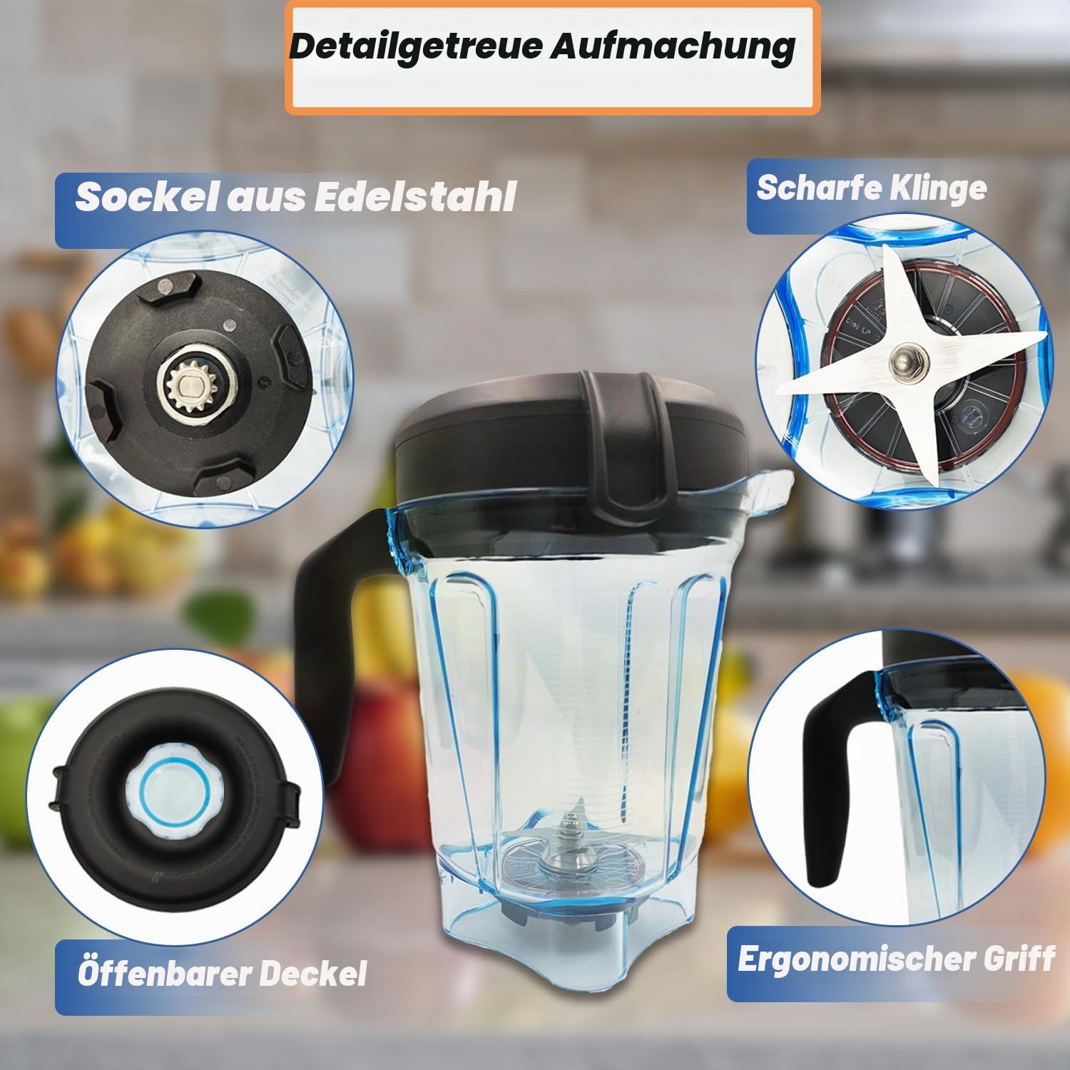 Verbesserter Vitamix-Krug mit 1,8 l niedrigem Profil, kompatibel mit Vitamix Mixbecher 750, 7500, 5200, 5000, 6300, A3500, vm0102, vm0103, vm0197, E310, mit 2 Reinigungsbürsten
