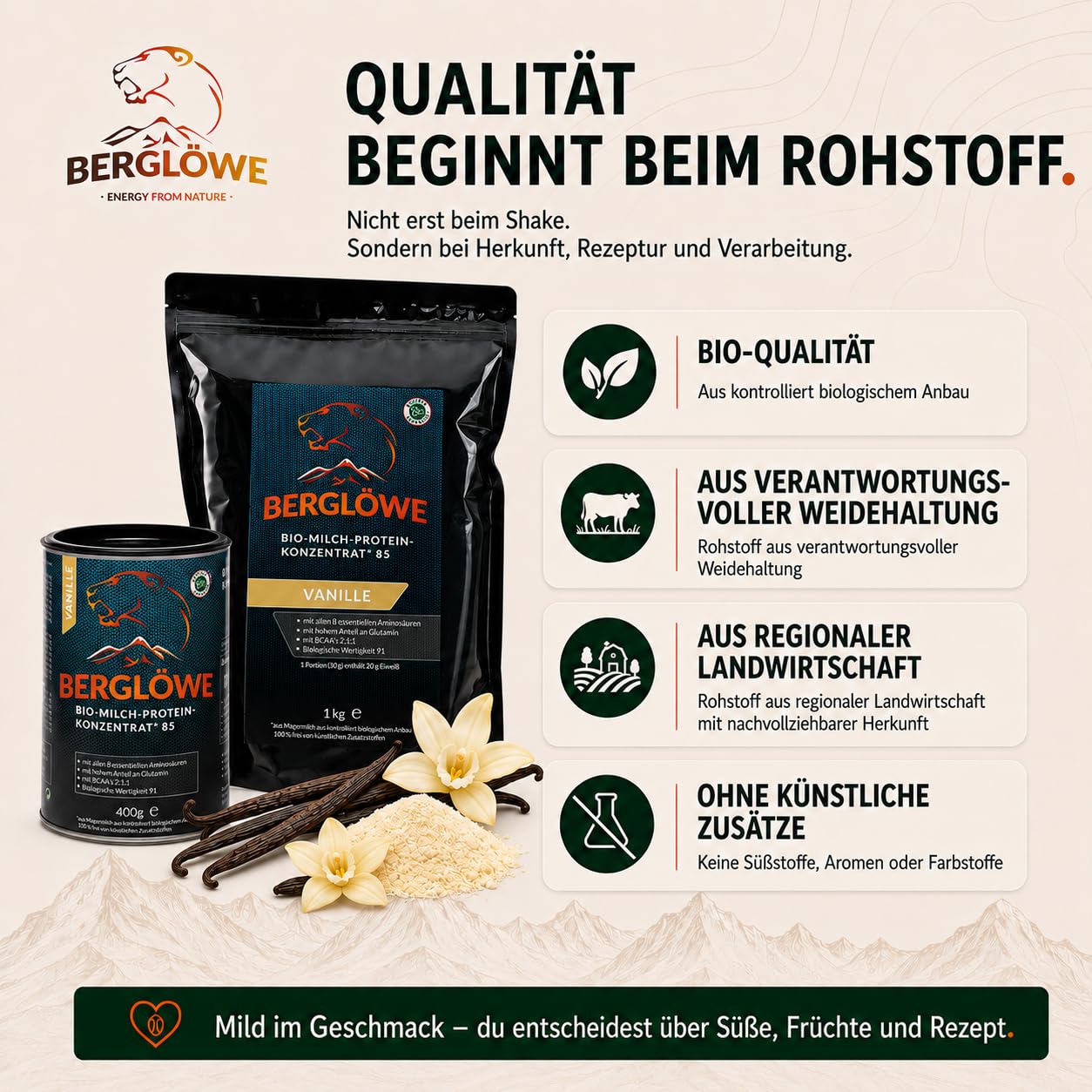 Bio Proteinpulver von BERGLÖWE: Bio Milchprotein Konzentrat Vanille (80% Casein 20% Whey)