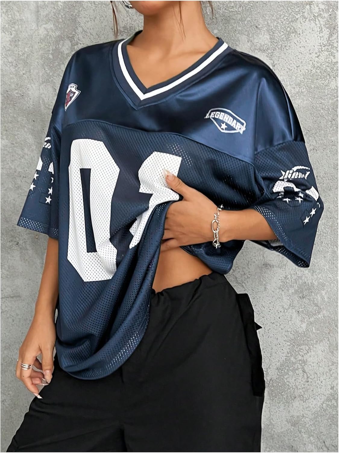 WDIRARA Women's Plus Size Football Jersey Shirts Oversized T Shirt Graphic Letter Print V Neck Short Sleeve Streetwear Top - Image 3