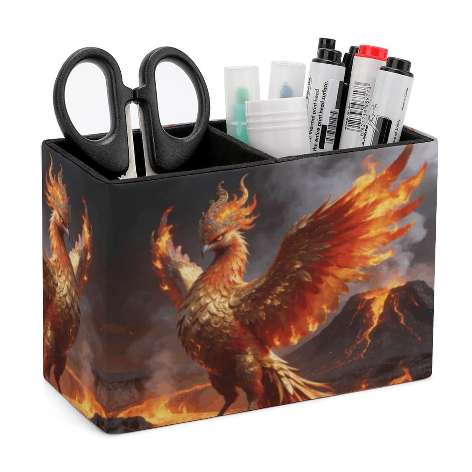 LZQPOEAS Exquisite Patterns PU Leather Pen Holder, Multifunctional Desktop Organizer Caddy with 2 Compartments, Pheonix Pencil Cup Makeup Brush Holder for Office Home