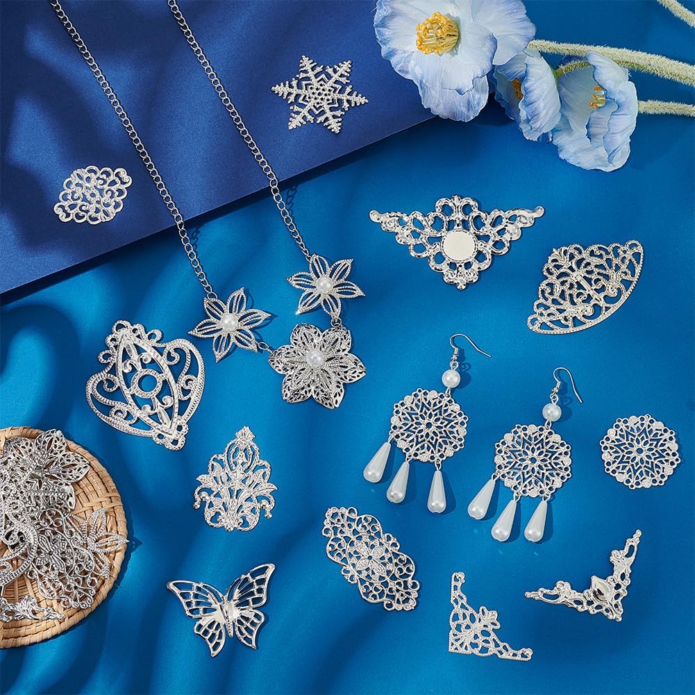 PH PandaHall 130pcs 13 Styles Filigree Connector Charms Links Platinum Corner Embellishments Protectors Hollow Filigree Flower Charm Resin Filler for Christmas Pendant Earring Bracelet Jewelry Making - Image 5