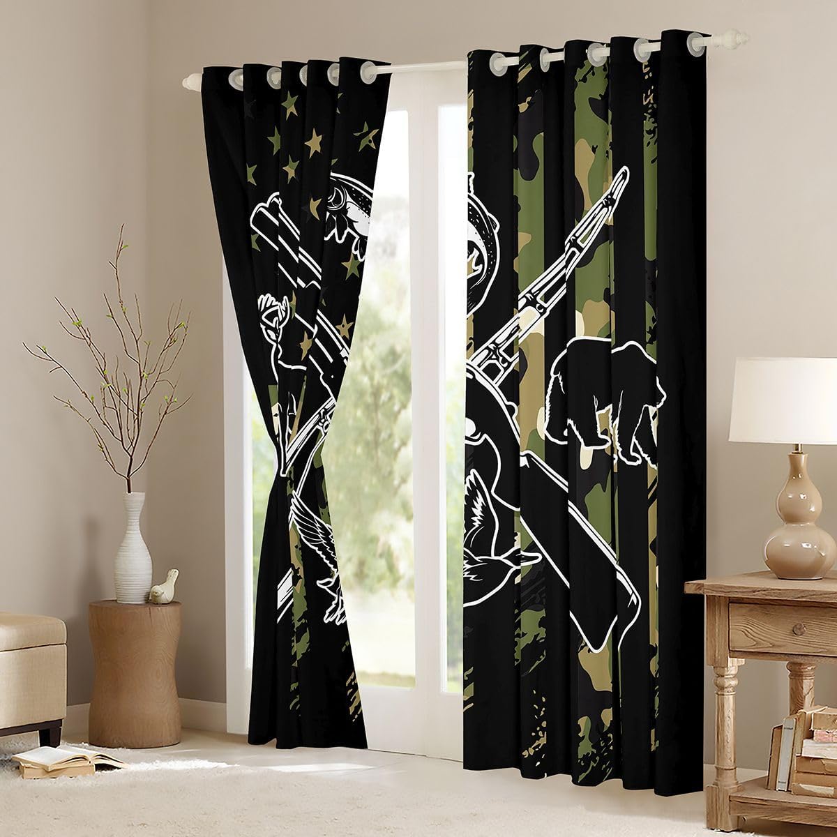 Hunting American Flag Blackout Curtains For Hunter Cabin,Camo Bear Deer Duck 38"Wx45"L Curtains & Drapes Fishing Bass Fish Window Curtains Army Green Camouflage Animals Window Treatments 2 Panels