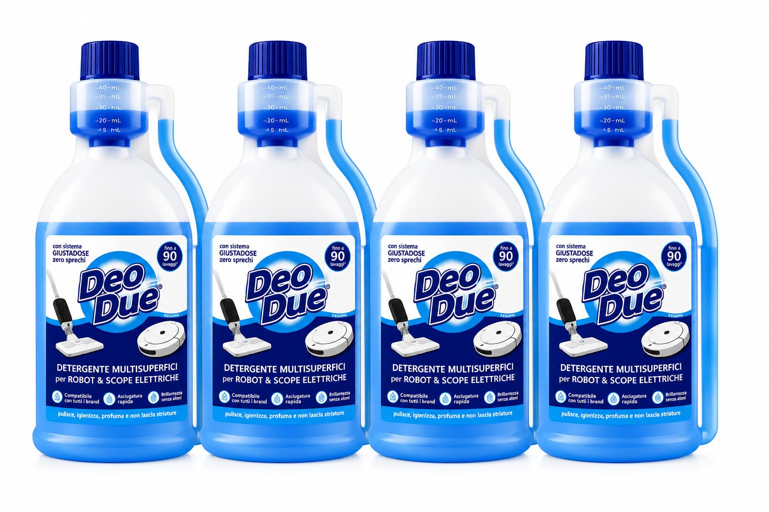 Detergente Multisuperfici Deo Due per Robot Lavapavimenti e Scope Elettriche – Profumo Fresco, Pulizia Profonda, Compatibile con Tutti i Brand, No Aloni – 4 Unita da 900ml