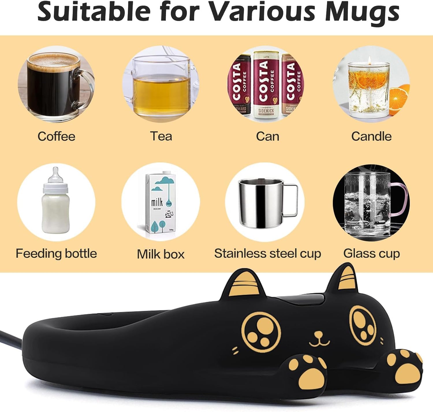 Image illustrating various types of mugs and containers suitable for the PUSEE Mug Warmer, including coffee, tea, cans, candles, feeding bottles, milk boxes, stainless steel cups, and glass cups.