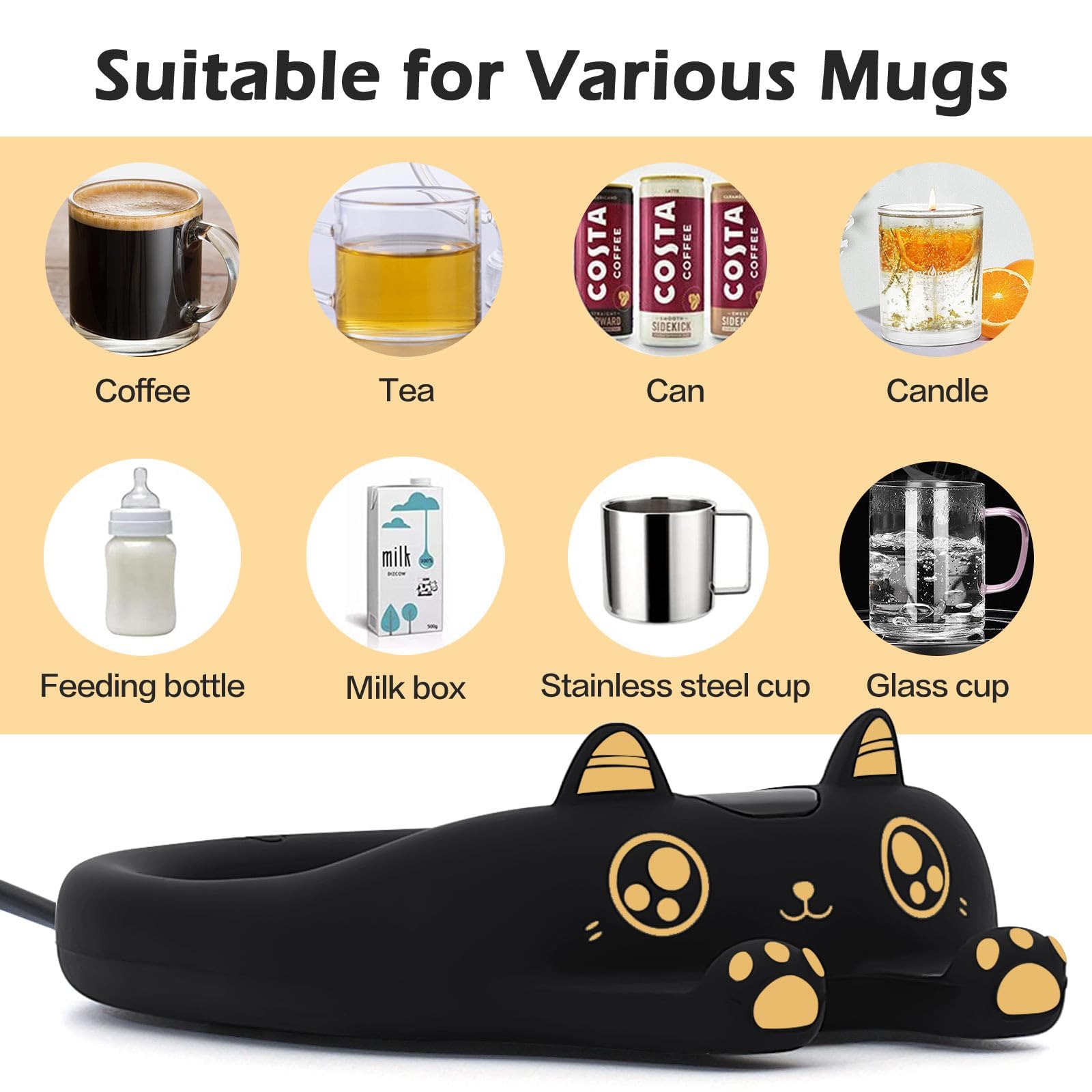 PUSEE Coffee Mug Warmer & Cute Cat Mug Set, Coffee Cup Warmer for Desk with Auto Shut Off, Beverage Warmer with 3 Temp Settings, Candle Warmer Coffee Warmer with Mug Set for Christmas & Birthday Gifts: Ador Black
