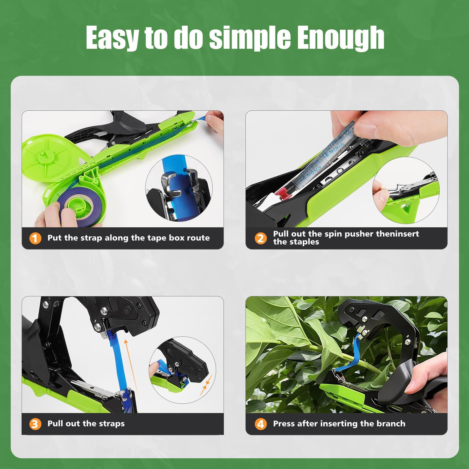 FUJIWARA Upgraded Plant Tying Machine Gun, Lightweight Garden Tapener Tool with SK5 Blade for Tomatoes Grapes Cucumbers Vegetables, Includes 12 Rolls Tapes and 1 Box 10000pcs Staples（Green