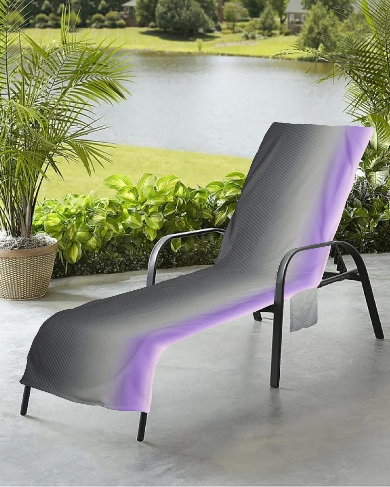 Ombre Grey Beach Chair Towel Covers for Chaise Lounge with Side Pocket, Soft Plush Pool Towels Cover for Patio Sunbathing Outdoor 29''x85'' Elgant Purple Abstract Geometric Stripes