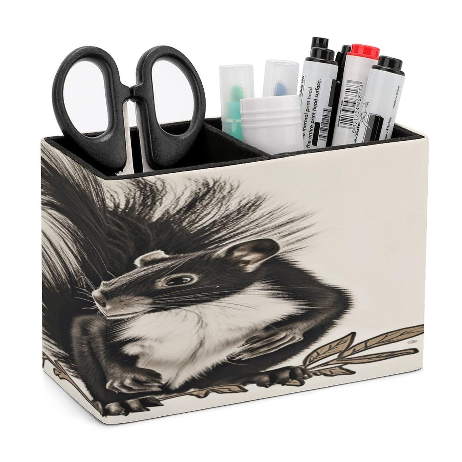 VstaDank Skunk Pen Holder Double Compartments Pen Cup Fashion Makeup Brush Holders Leather Pencil Holder for Work Locker Accessories Modern Pencil Cup for Desk Organizer