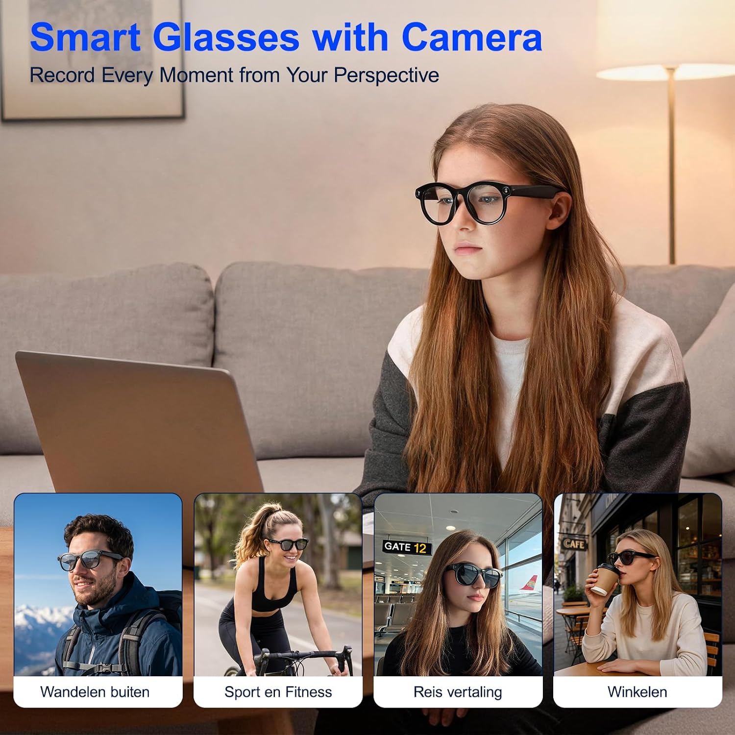 AI Smart Glasses with Camera, 8MP HD Video & Photo Capture, Real-Time Translation, Object Recognition, AI Voice Assistant, Open-Ear Audio, Bluetooth Calling, Single-Point Touch