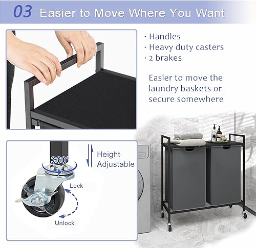 Miniatura 4 de DAELIFKER Cesta doble para ropa sucia, cesta de lavandería con ruedas y estante, clasificador de lavandería de 2 secciones, cesta de ropa sucia para