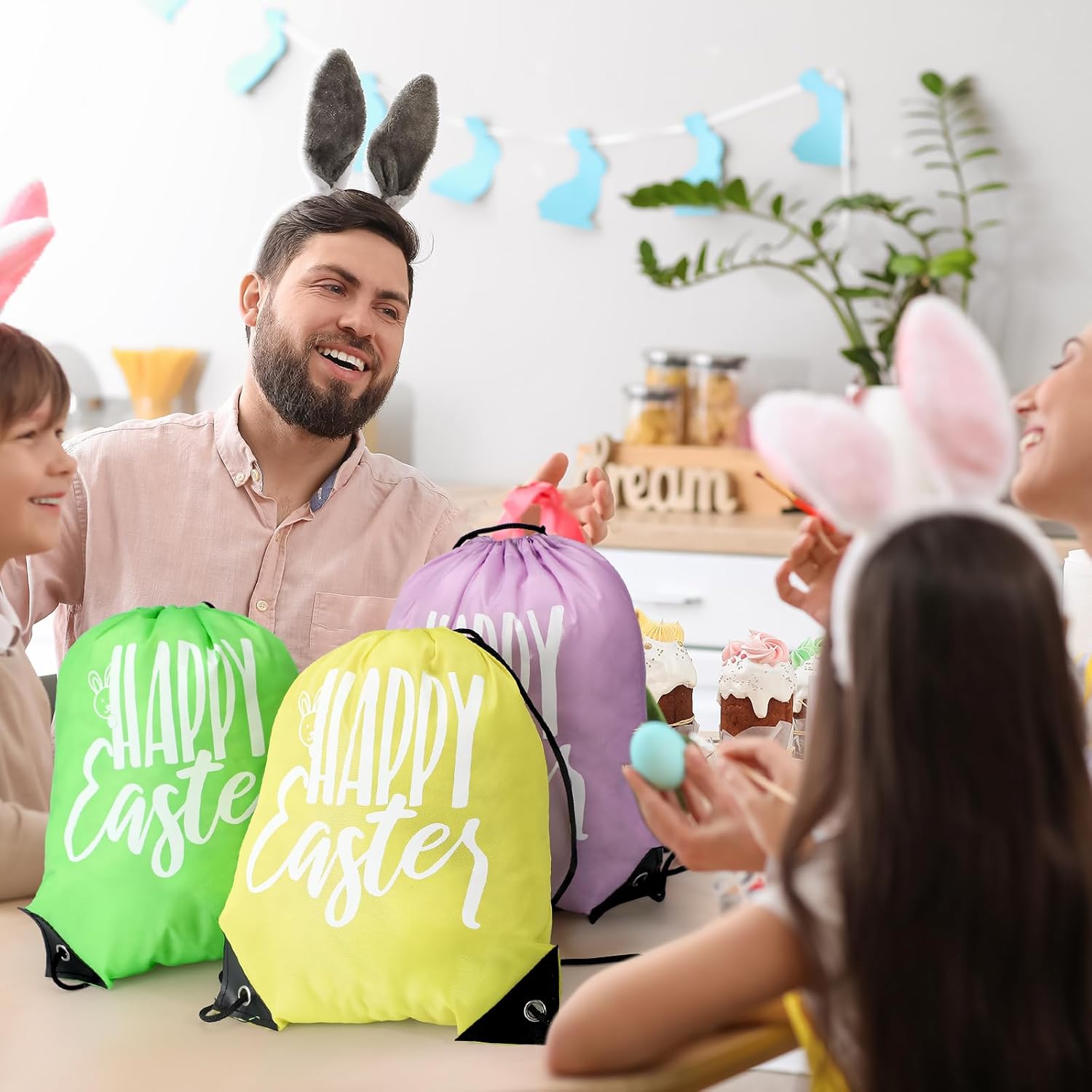 Sweetude 20 Pcs Happy Easter Drawstring Bags Bulk 12 x 10 Inch Easter Gift Candy Bag Party Favor Cinch Backpack for Kids Gift Party Supplies