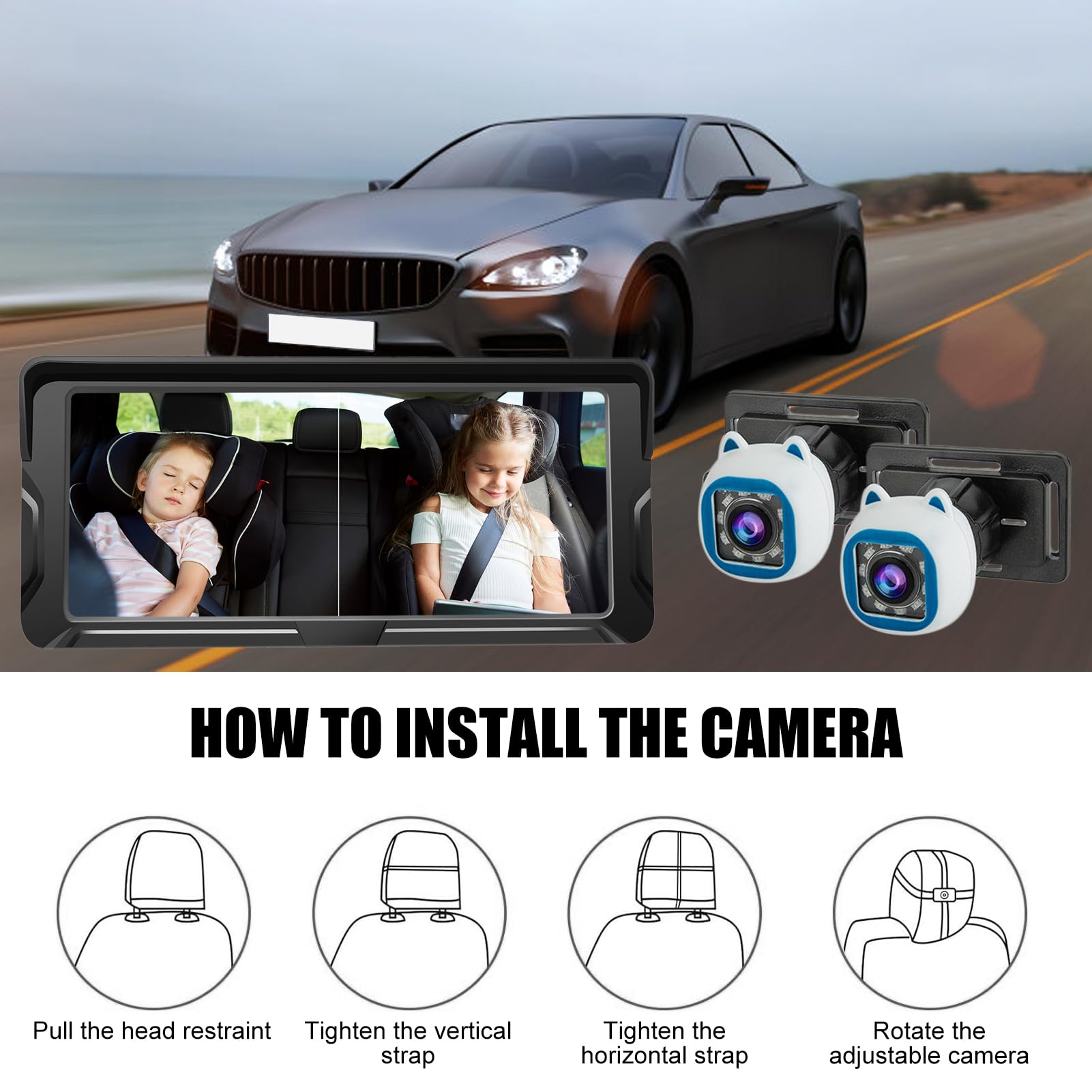 Shkalacar Cámara de coche para bebé, monitor de bebé de 6,86 pulgadas, 1080P, doble canal, con visión nocturna por infrarrojos y ángulo de visión amplio de 150°, para asiento trasero