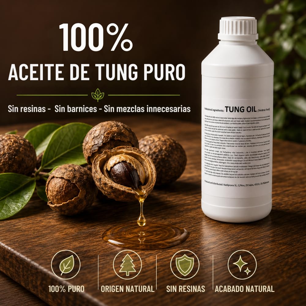 1 l. aceite de tung 100% Puro | Cuidado natural de la madera de interiores y exteriores | No altera el color dejando una capa impermeable muy resistente. - Snadi