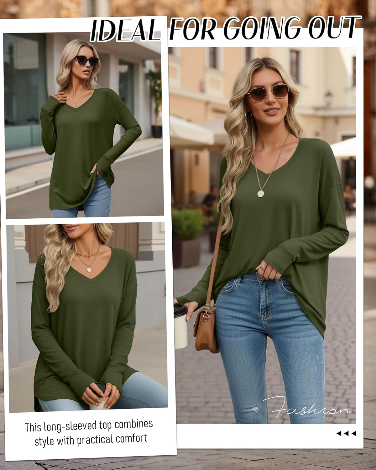 Women's Long Sleeve Shirt Oversized Cotton V Neck Curved Hem Top Knit Casual Loose Fit T-Shirt with Thumb Holes - Image 5