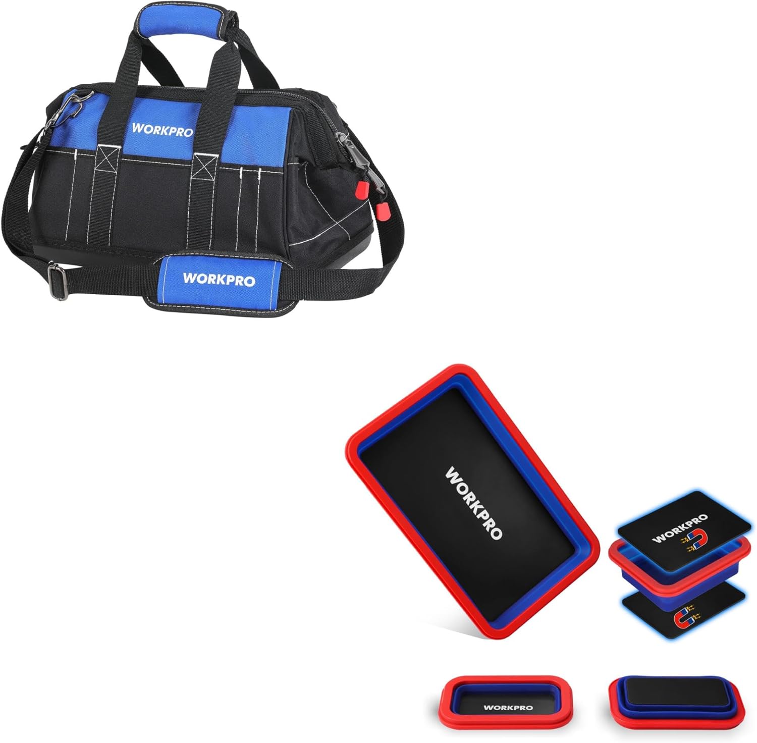 WORKPRO 16-inch Wide Mouth Tool Bag & 4PC Collapsible Magnetic Parts Tray Set