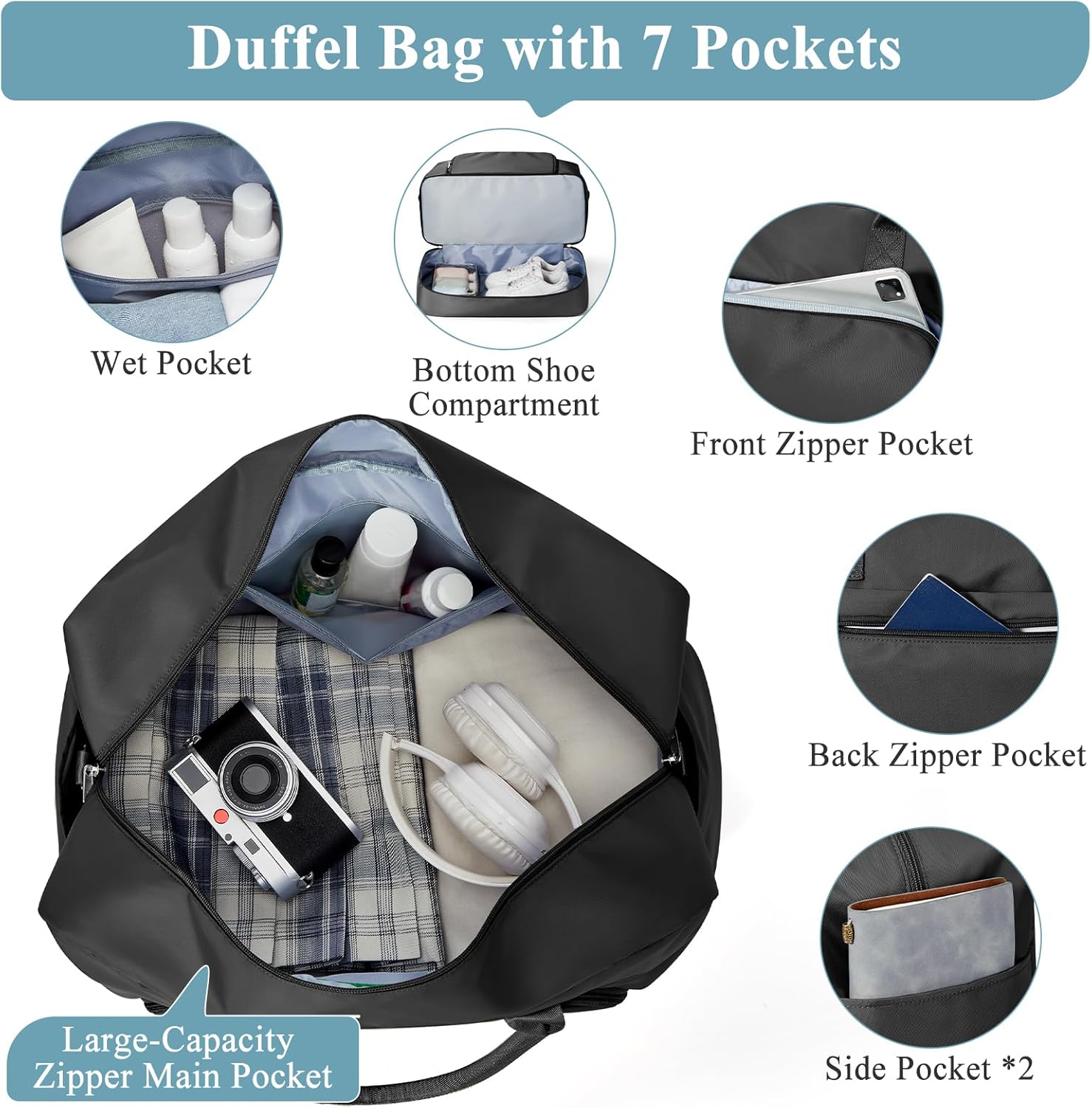 Weekender Bags for Women, Travel Duffel Overnight Carry On Weekend Bag with Shoes Compartment,Black - Image 4