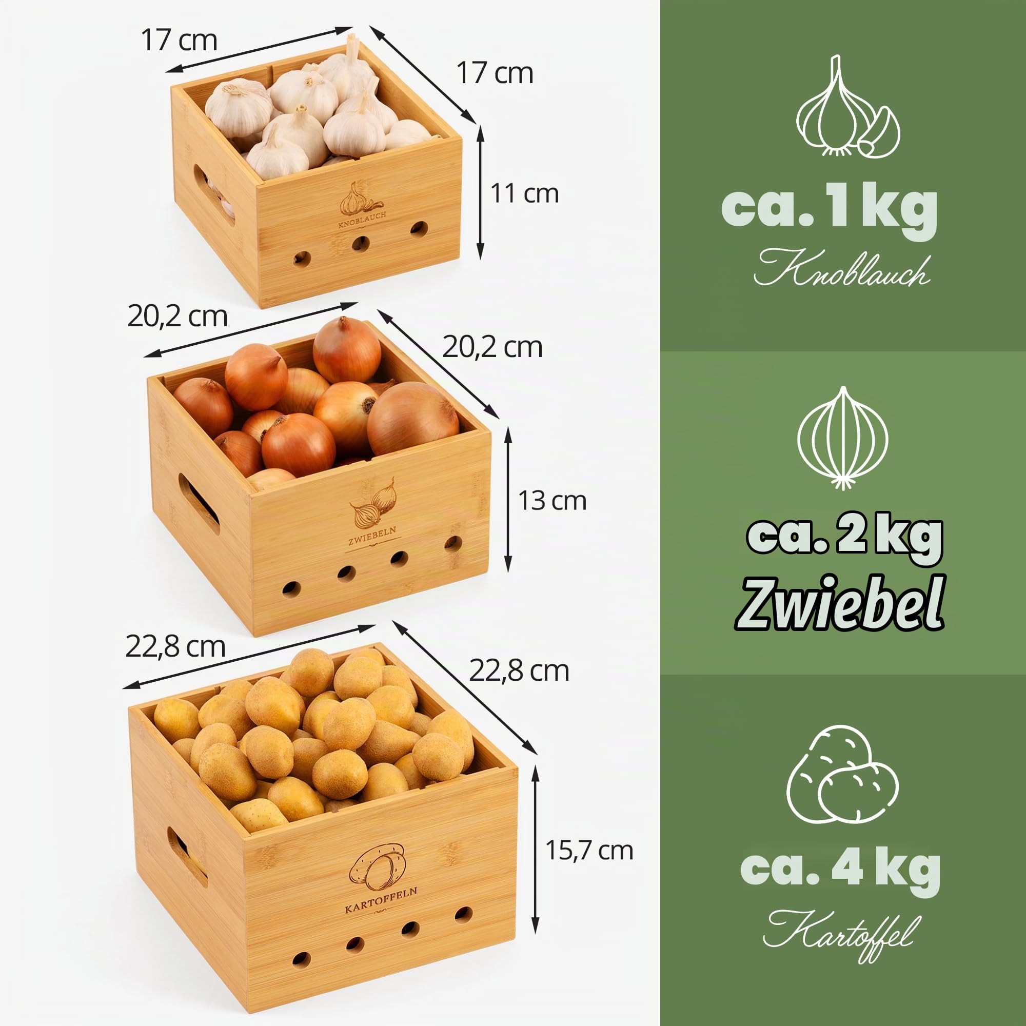 Nachhaltige Bambus Trio Kartoffel Aufbewahrungsbox [3er Set] mit Deckel, Zwiebel & Knoblauch Aufbewahrung, Umweltfreundliche Küche mit Belüftungslöchern (Braun)