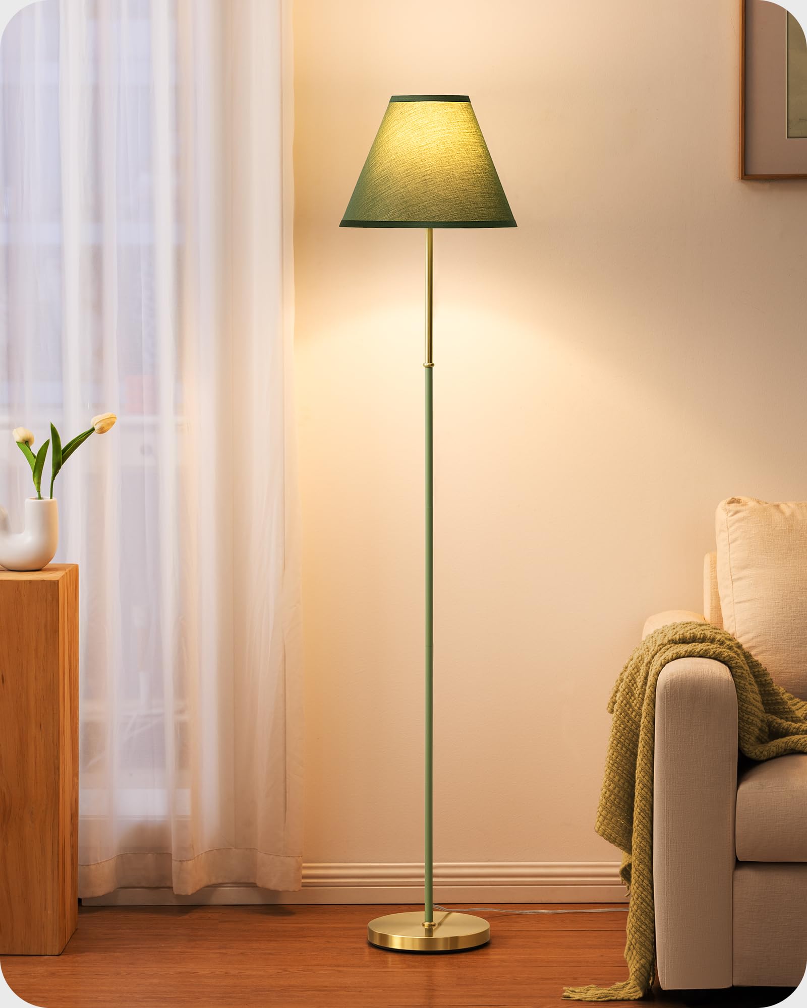 EDISHINE Stehlampe Wohnzimmer, Baumwoll-Leinenschirm, Retro, 2700K, Grün