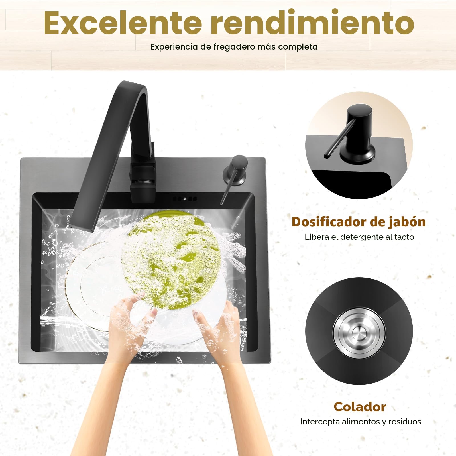 Fregadero de cocina negro, 45 x 40 cm, 1 cuenco, acero inoxidable, rectangular, moderno, empotrable, con escurridor, grifo, dispensador de jabón